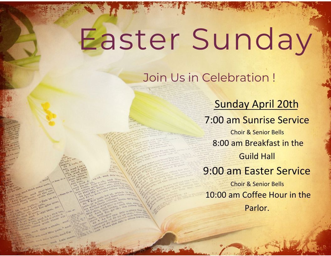 A poster for easter sunday with a white flower and a bible