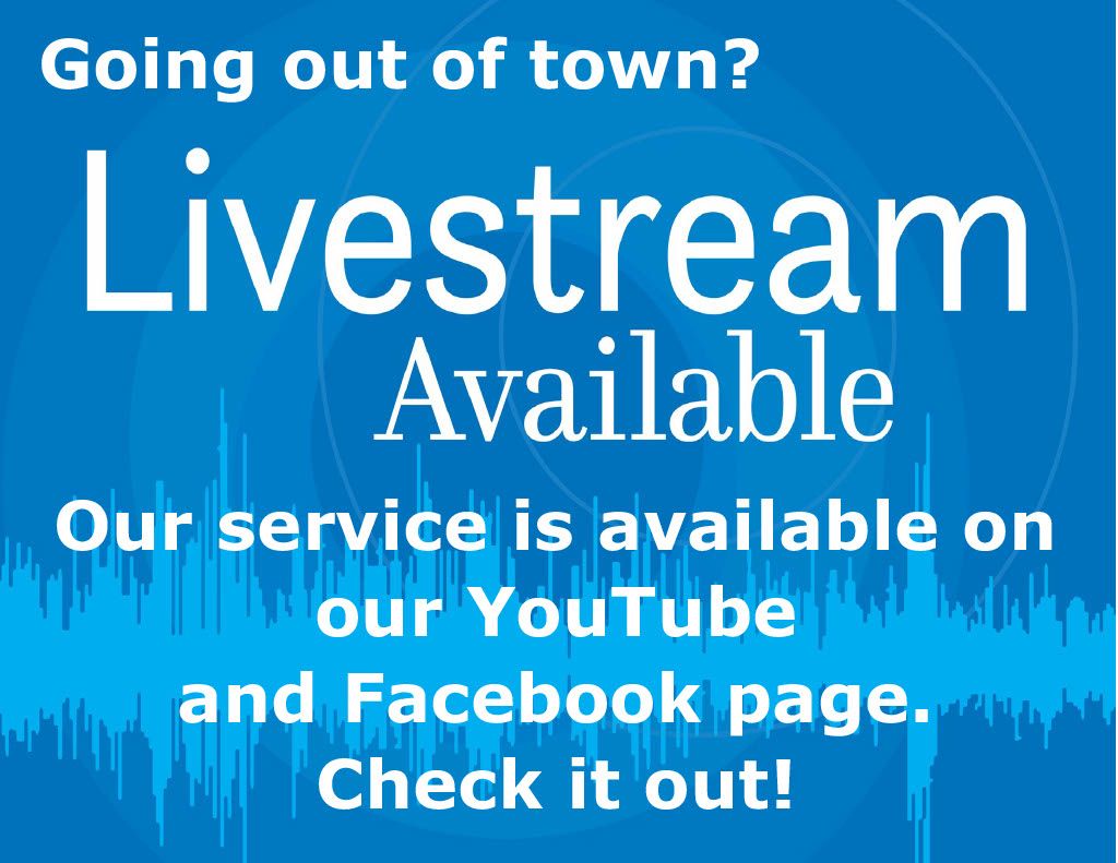 A blue sign that says going out of town livestream available