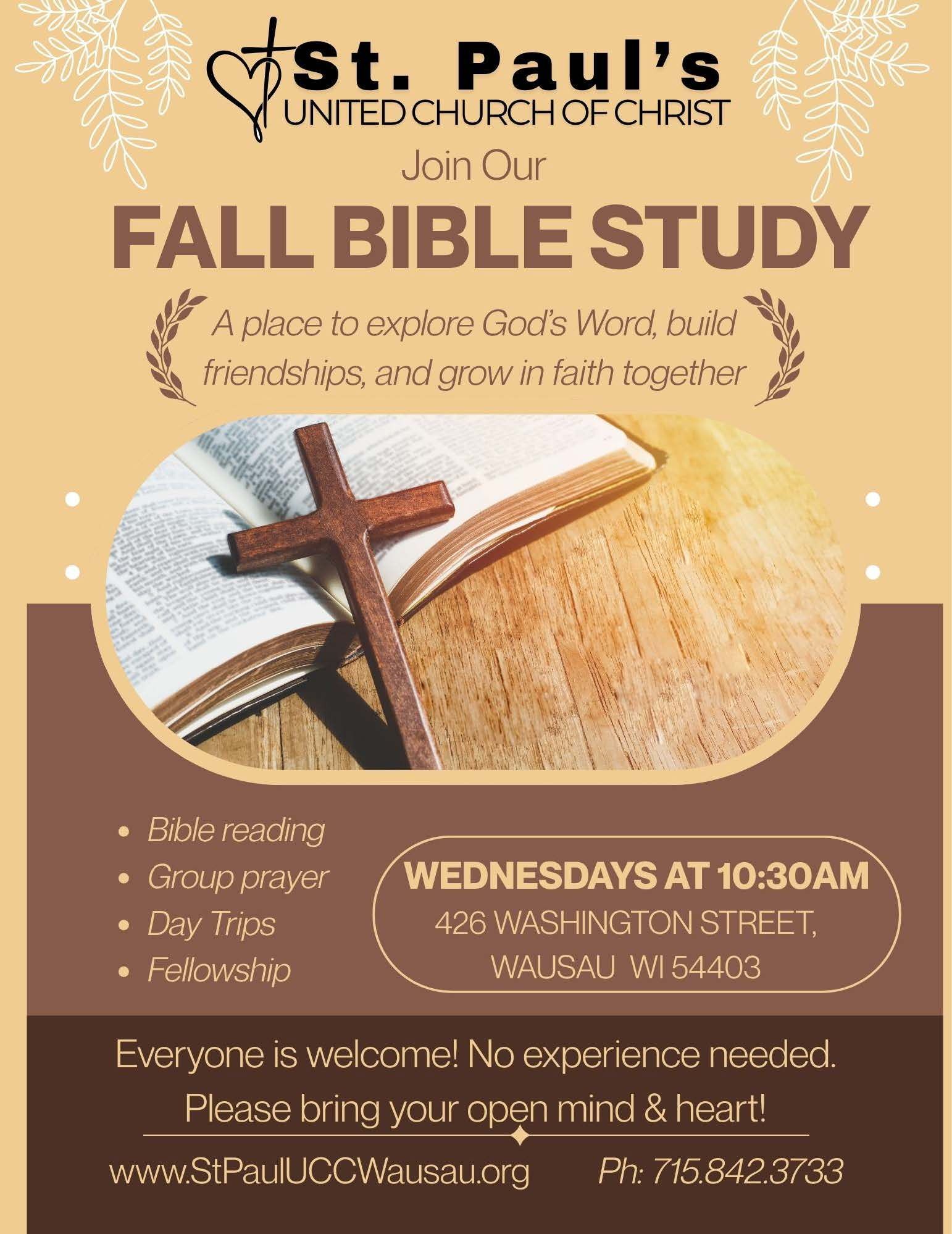 Fall Bible Study flyer for St. Paul’s United Church of Christ, Wednesdays at 10:30 AM.