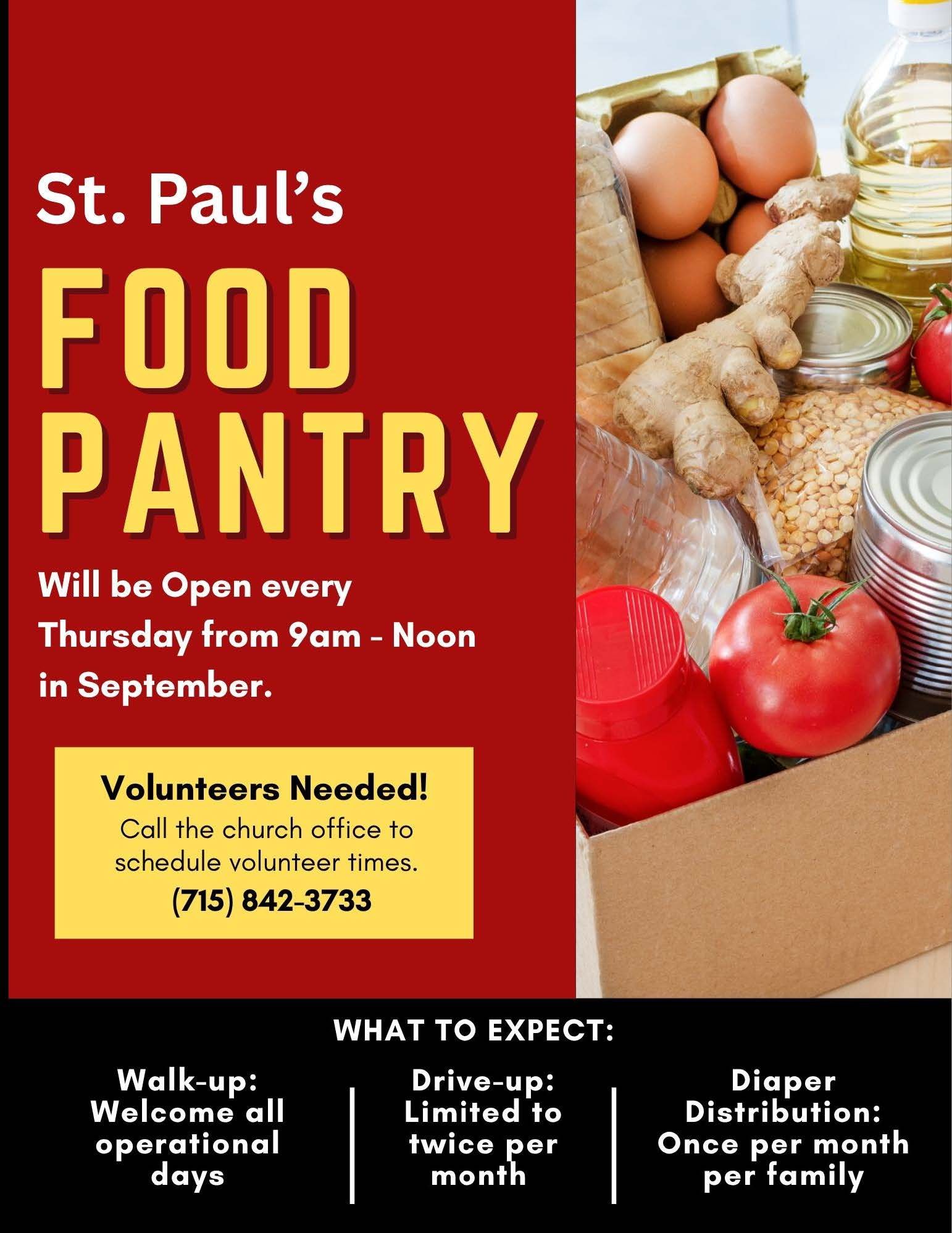 St. Paul’s Food Pantry flyer with groceries, open Thursdays 9am-noon in September