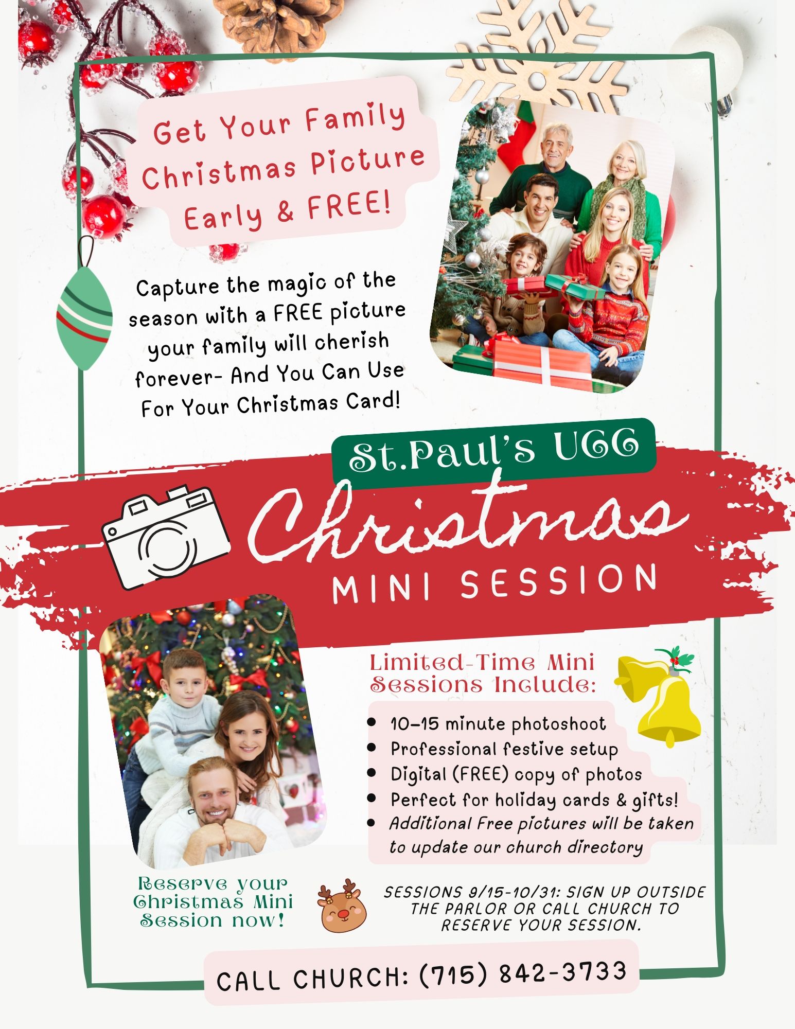 Christmas mini session flyer with red and green design, family photo, and church contact details