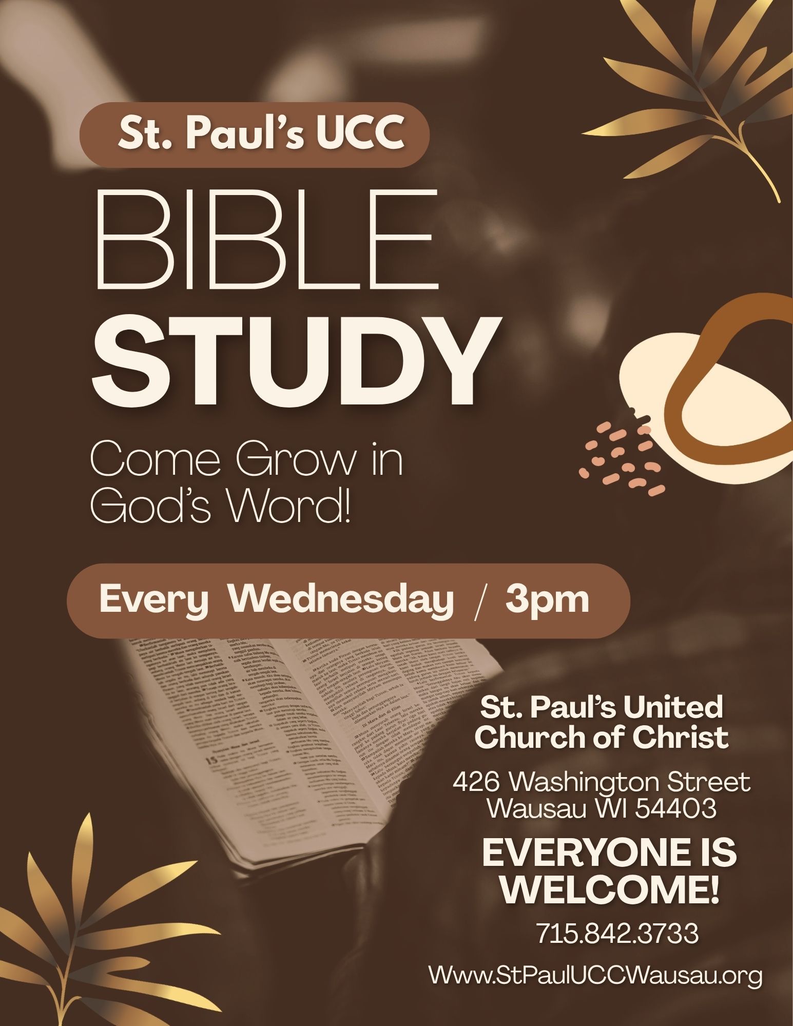 St. Paul’s UCC Bible Study flyer in brown and tan, Wednesdays at 3 pm, “Come Grow in God’s Word”