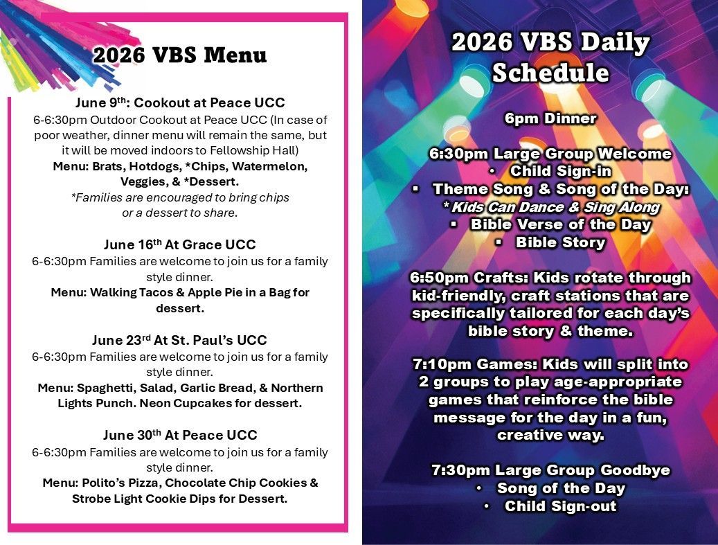 2026 VBS menu and daily schedule flyers with pink borders and colorful cartoon background