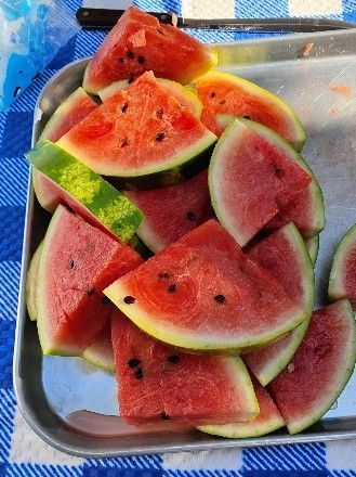 Tray of sliced watermelon wedges with red flesh and green rind.