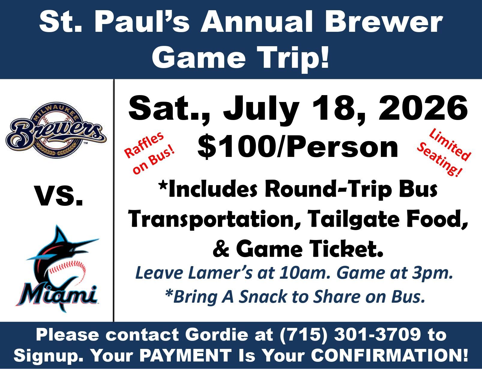 St. Paul’s Annual Brewer Game Trip flyer: July 18, 2026, $100, bus transport, game ticket, food, and game.