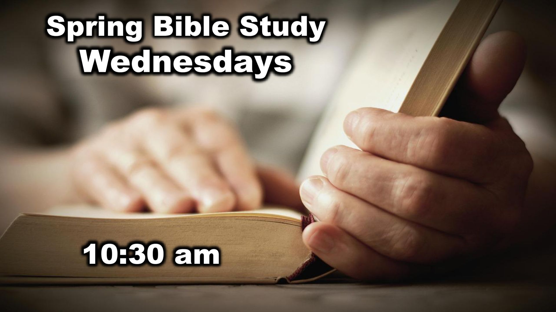 Spring Bible Study Wednesdays, 10:30 am, with hands reading an open Bible