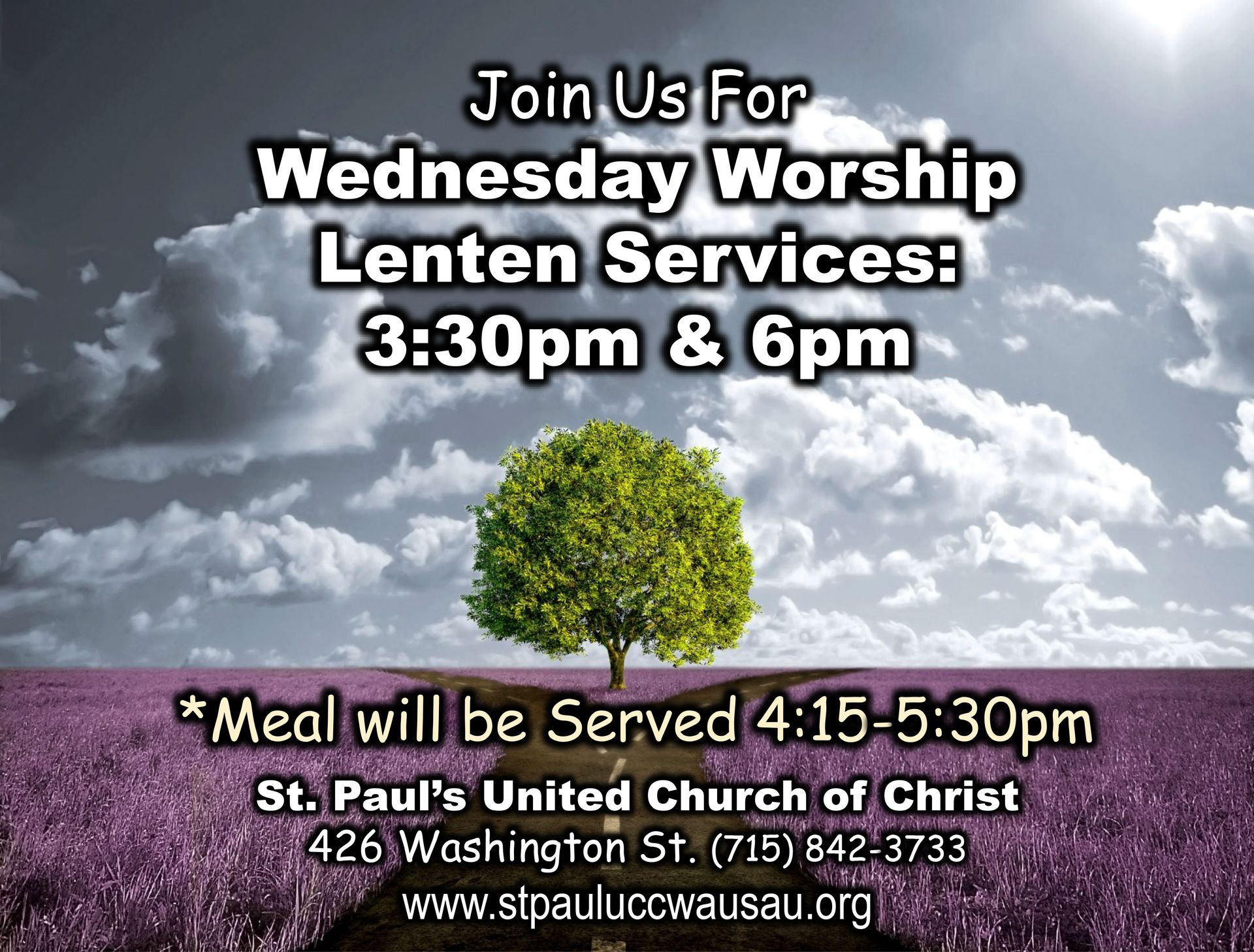 Announcement for Wednesday Lenten services at St. Paul's UCC, including times and meal details