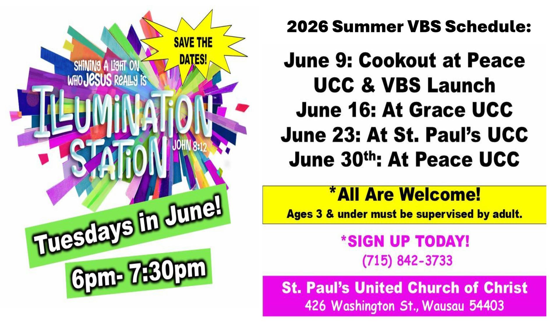 2026 Summer VBS schedule flyer with dates, locations, blue/yellow text, and All Are Welcome banner.