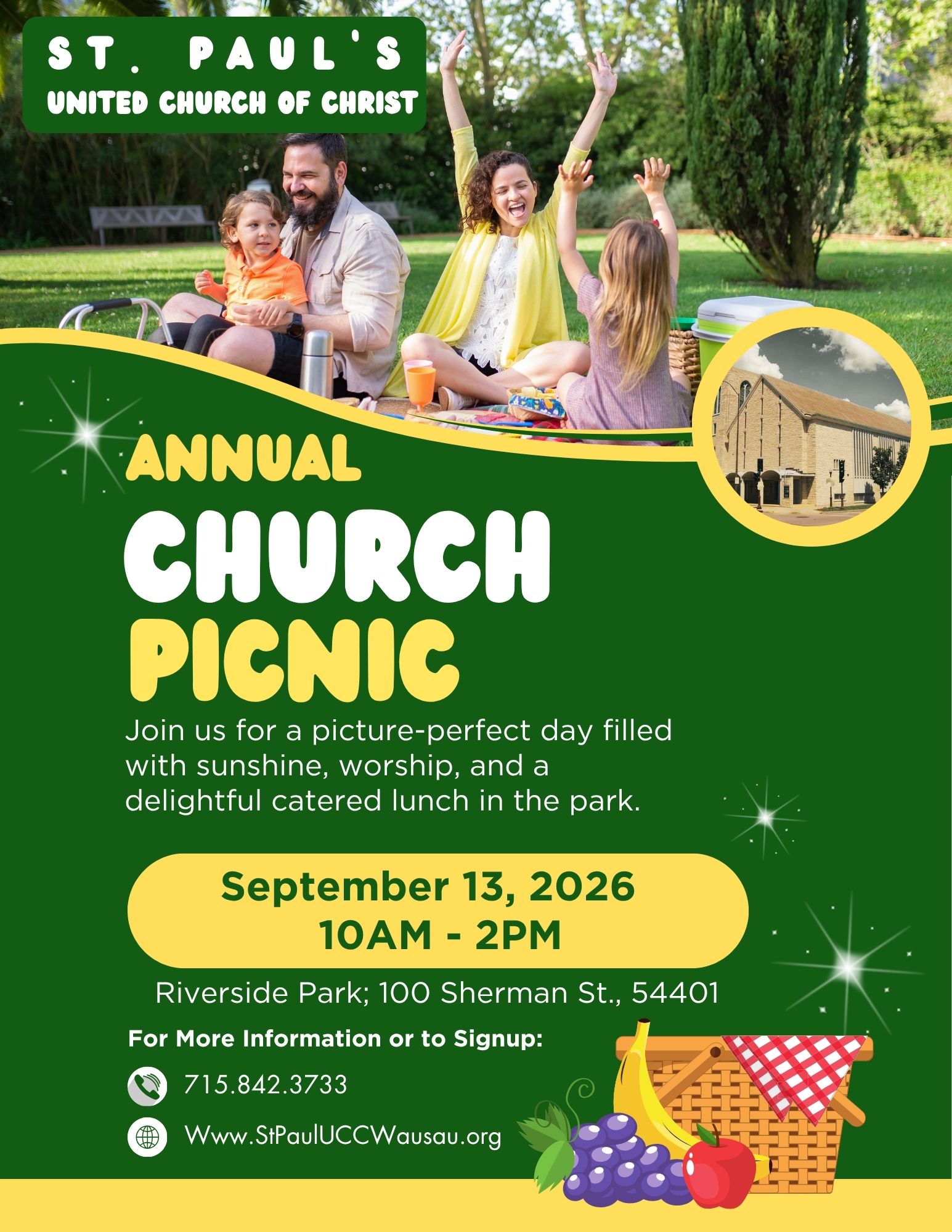 Annual church picnic flyer with people on a blanket in a green park and event details for Sept. 13, 2025, 10am–2pm.
