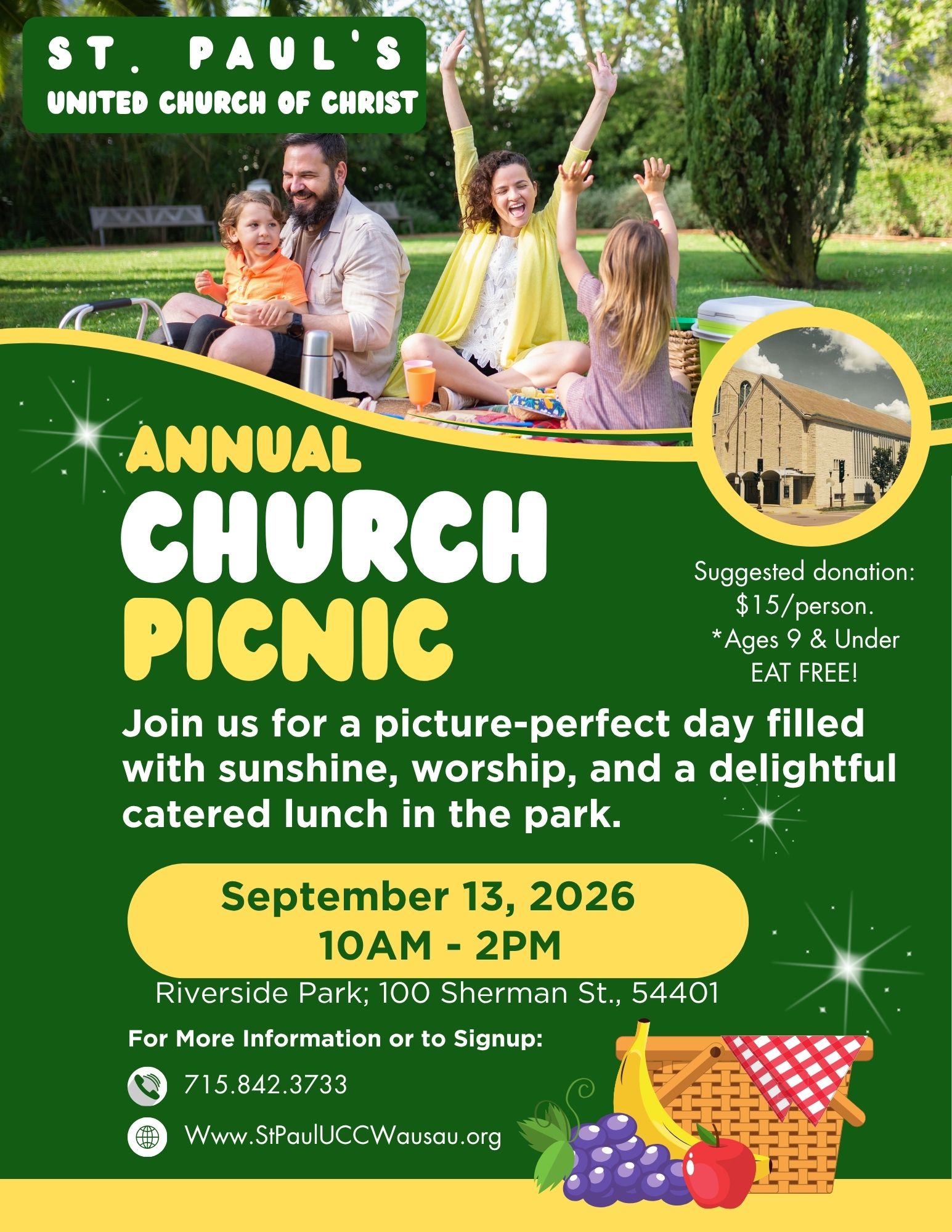Annual church picnic flyer with people in a sunny park, picnic basket, and event details for Sept. 13, 2025