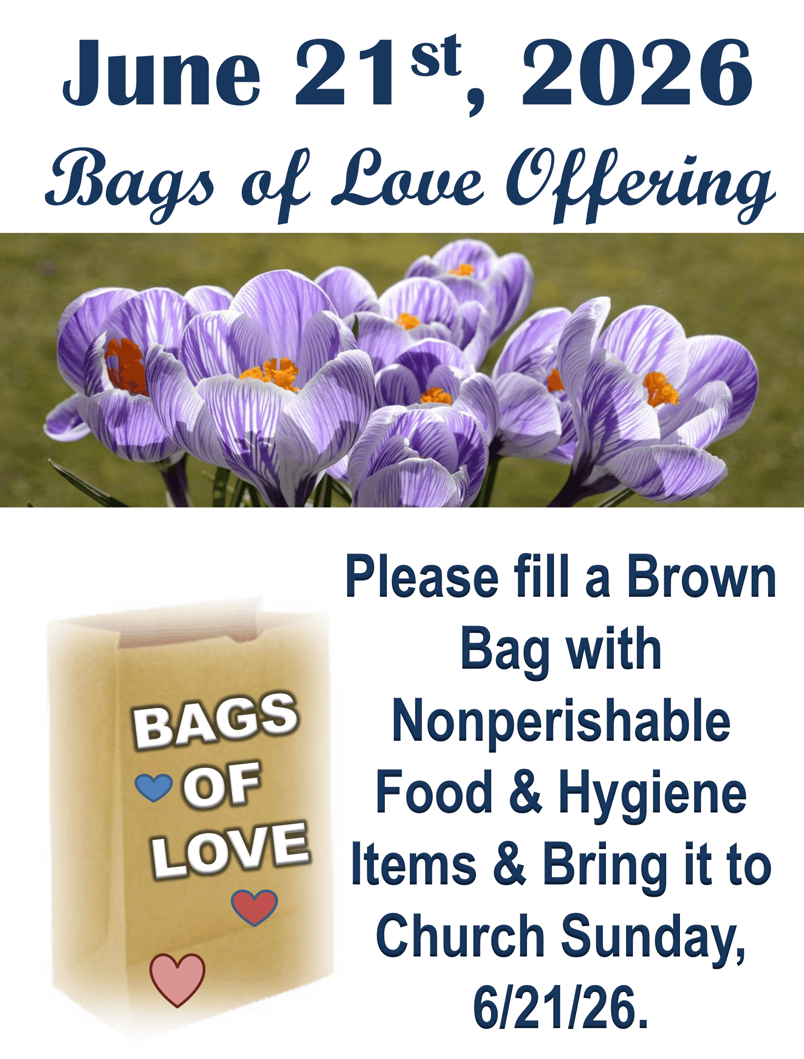 June 21, 2026 church flyer for Bags of Love offering; bring brown bag of nonperishable food and hygiene items.