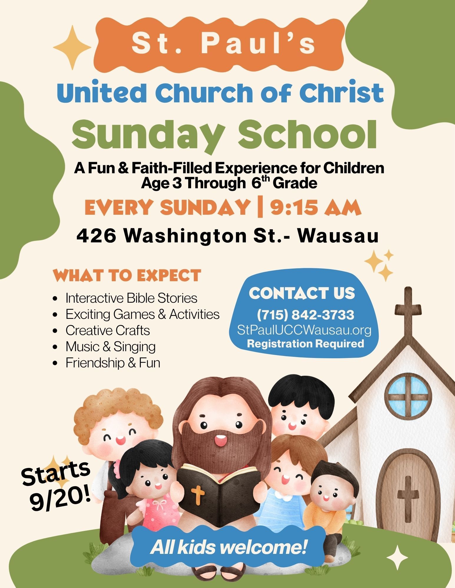 St. Paul’s United Church of Christ Sunday School flyer with cartoon children, church, and event details