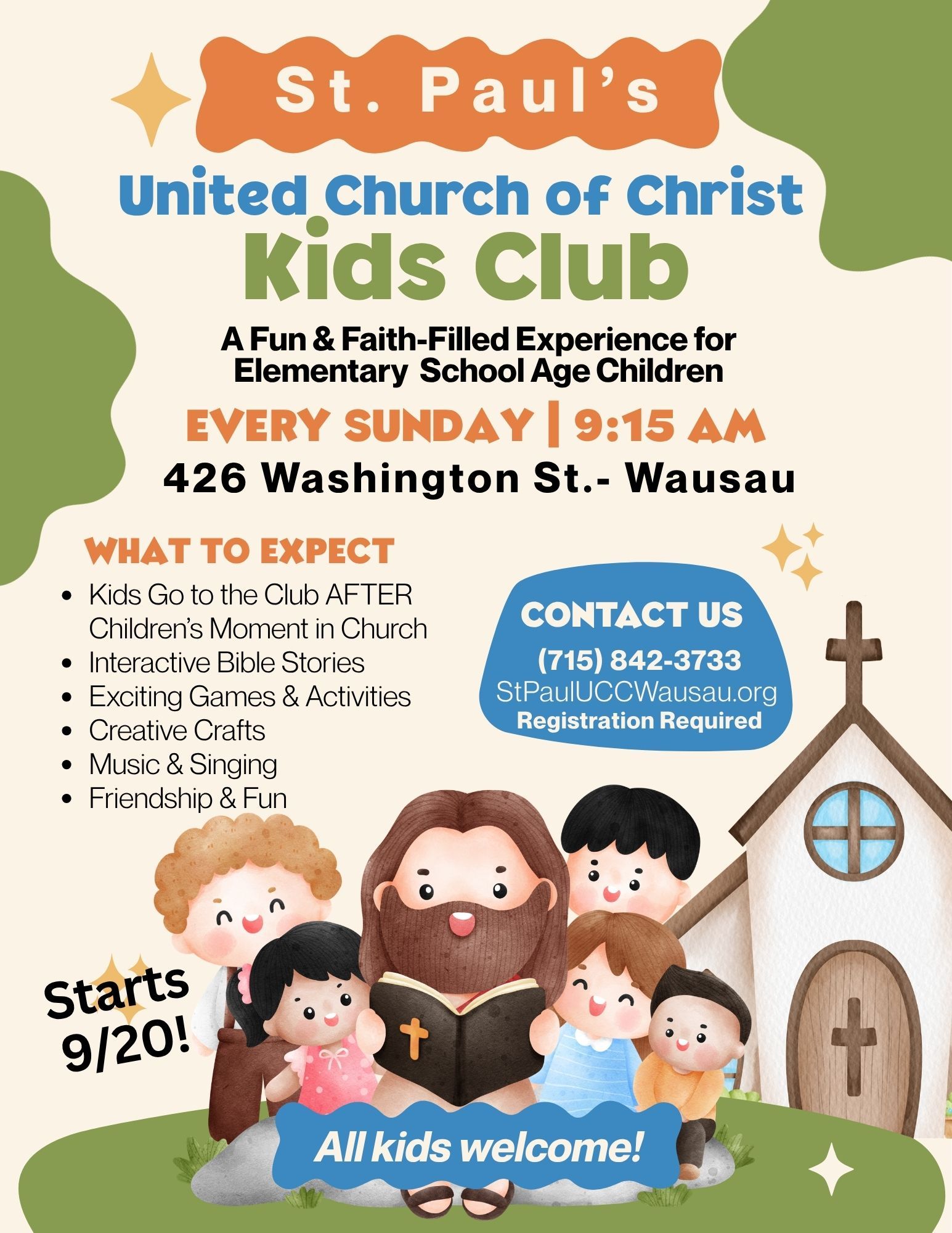 St. Paul’s United Church of Christ Sunday School flyer with cartoon children, church, and event details