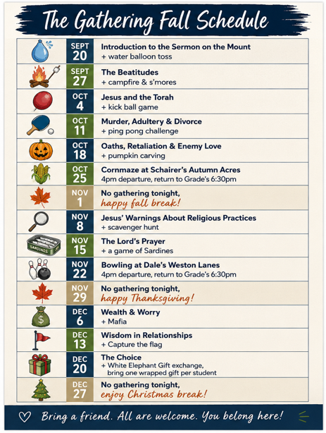 Fall-themed schedule poster titled “The Gathering Fall Schedule” with dates, events, and autumn icons.