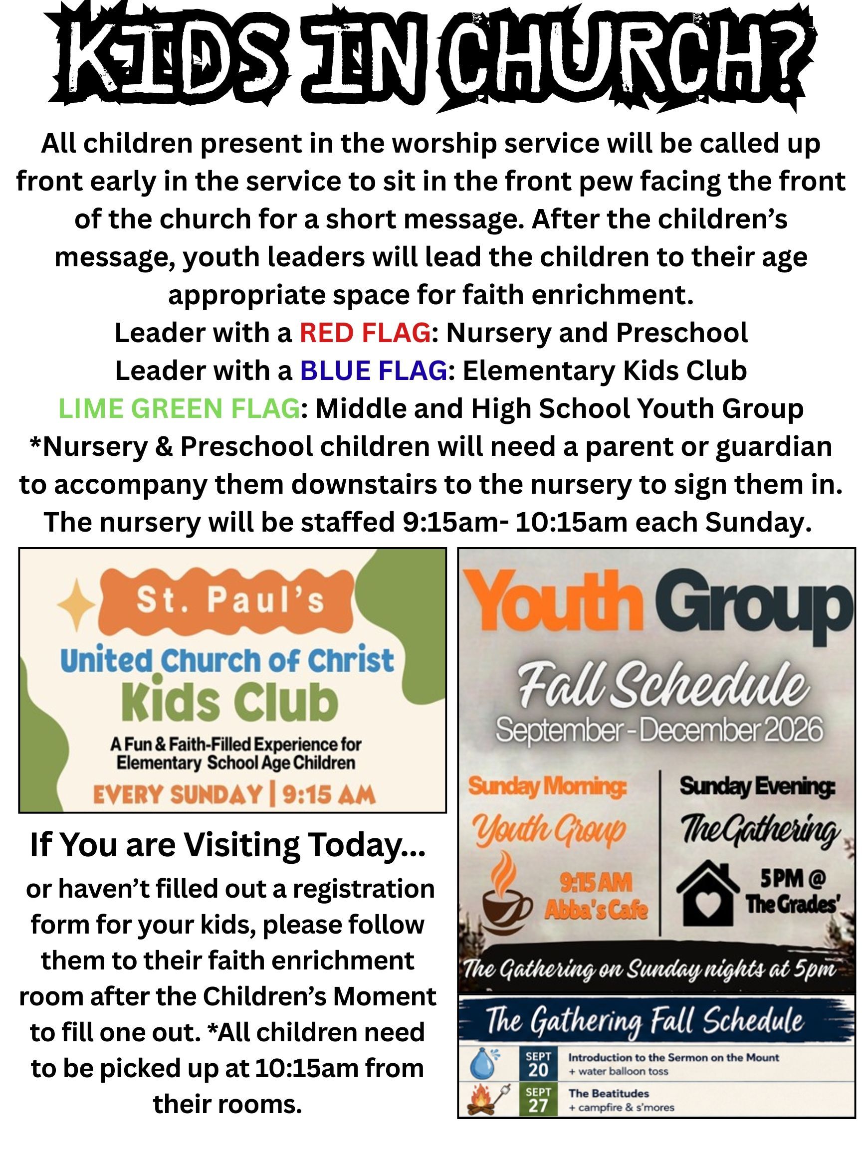 Church flyer advertising Kids in Church, kids club, and youth group events with dates and times