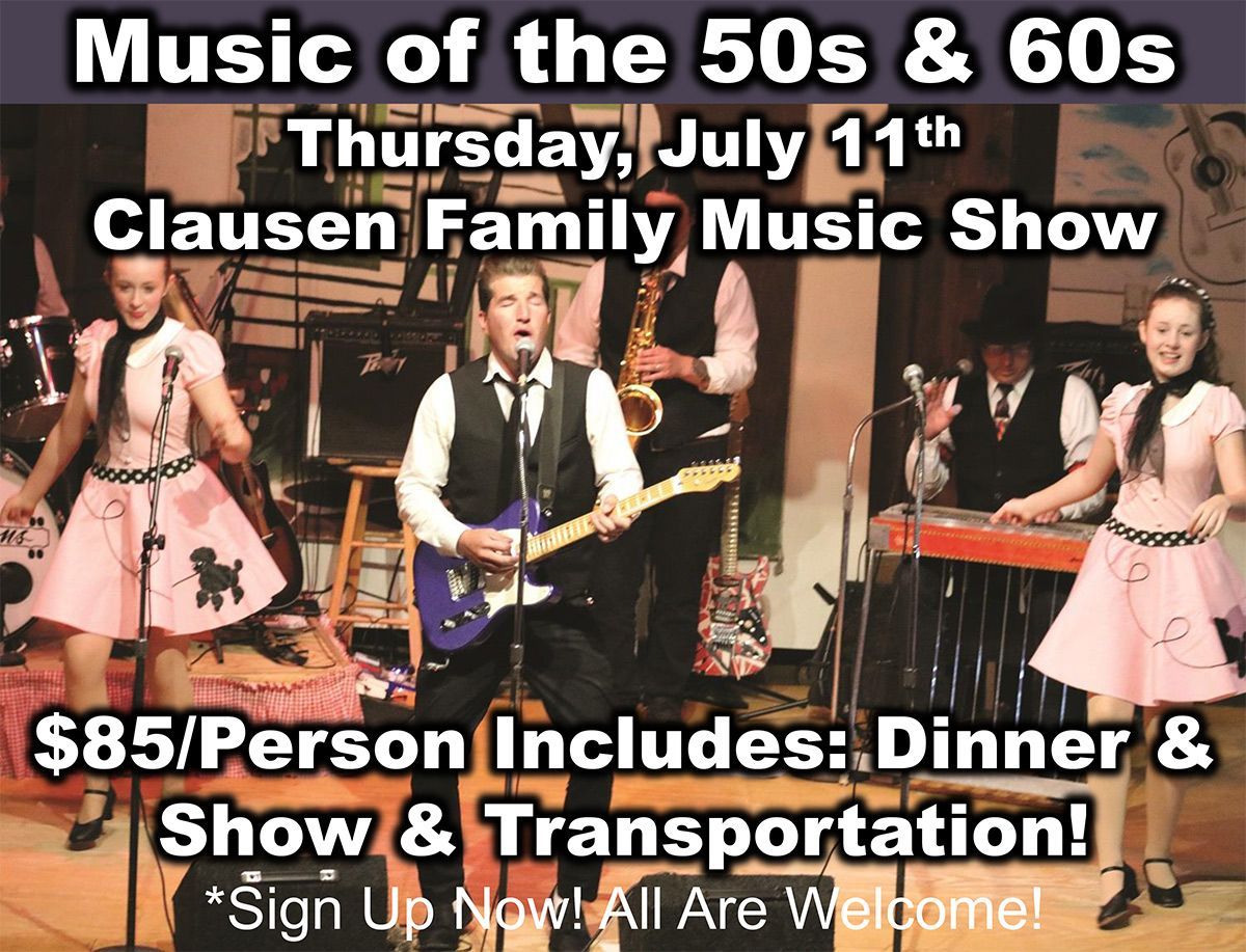 An advertisement for a Clausen Family Music Show on July 11th