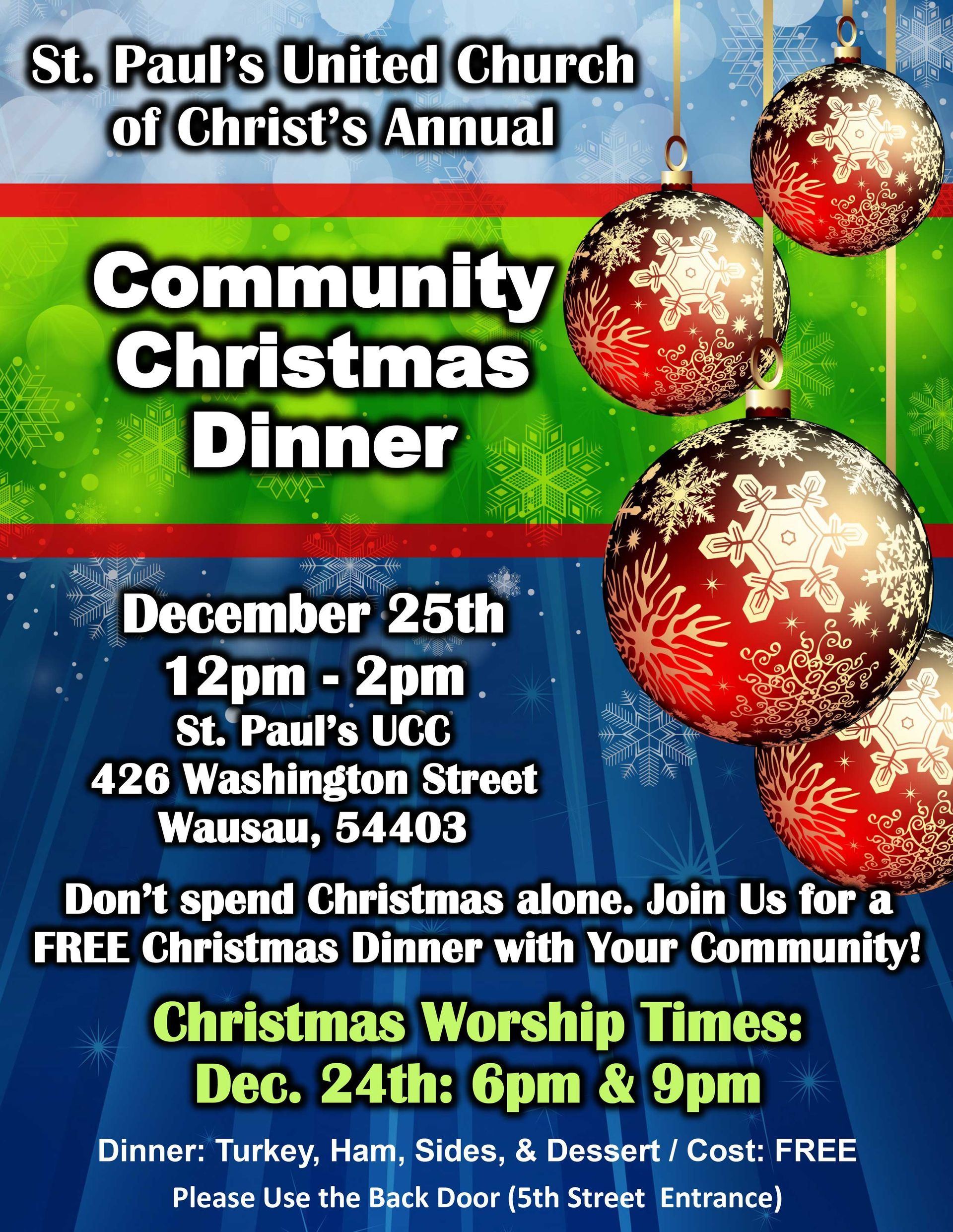 Community Christmas dinner flyer at St. Paul's UCC in Wausau on December 25th, featuring ornaments.