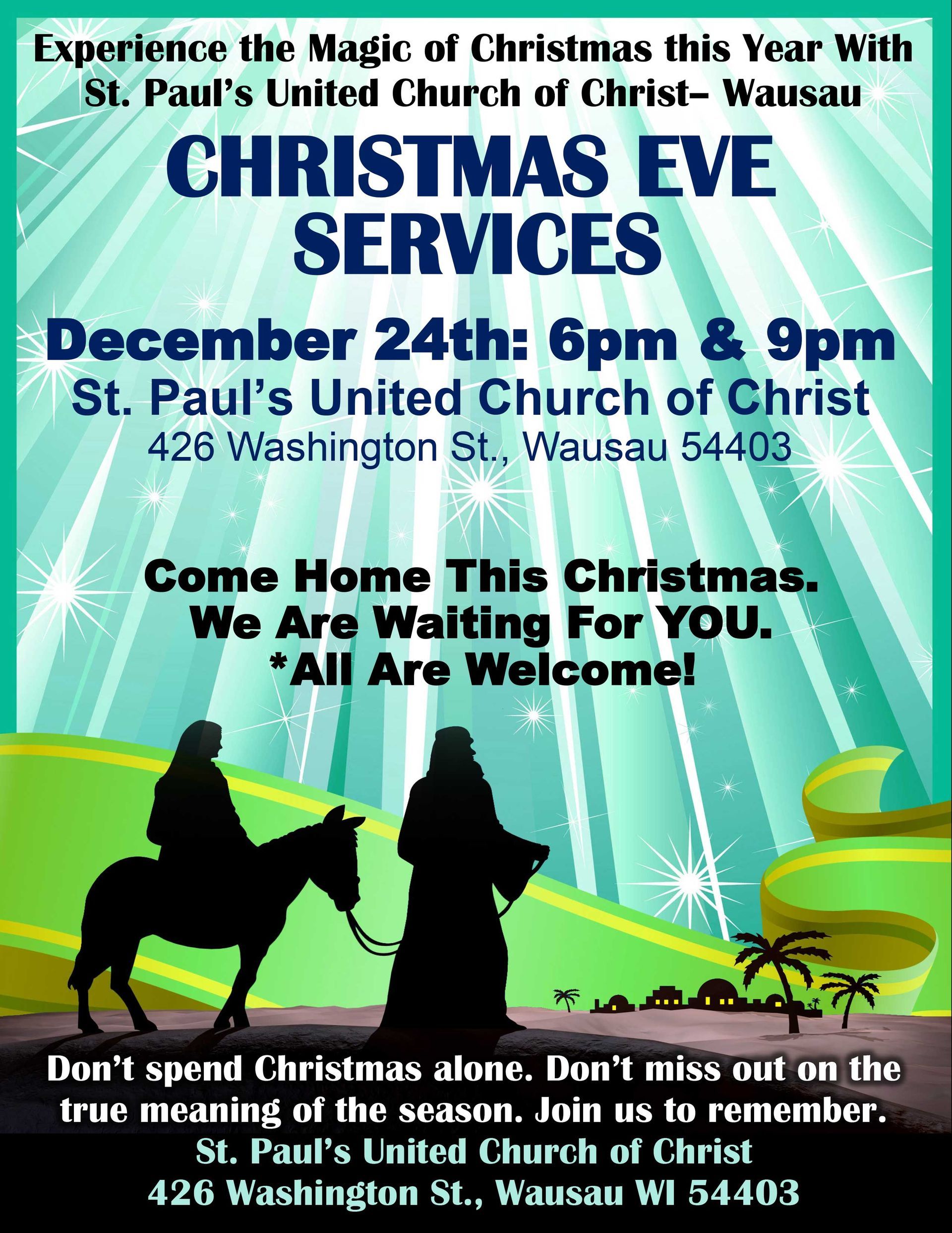 Christmas Eve service flyer for St. Paul's United Church of Christ, Wausau. Services at 6pm & 9pm on December 24th.