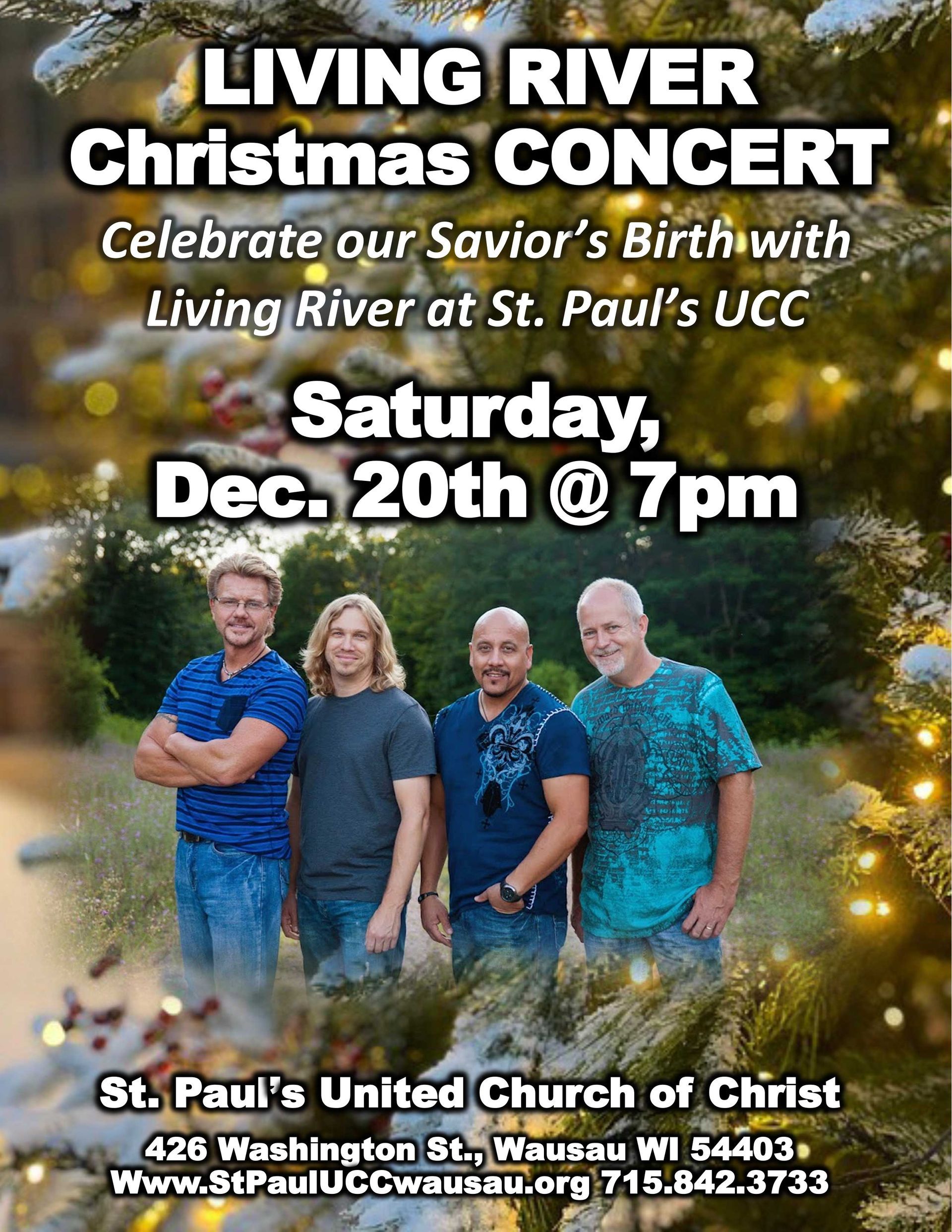 Living River Christmas Concert poster at St. Paul's UCC on Dec. 20th at 7pm. Features a band and text.