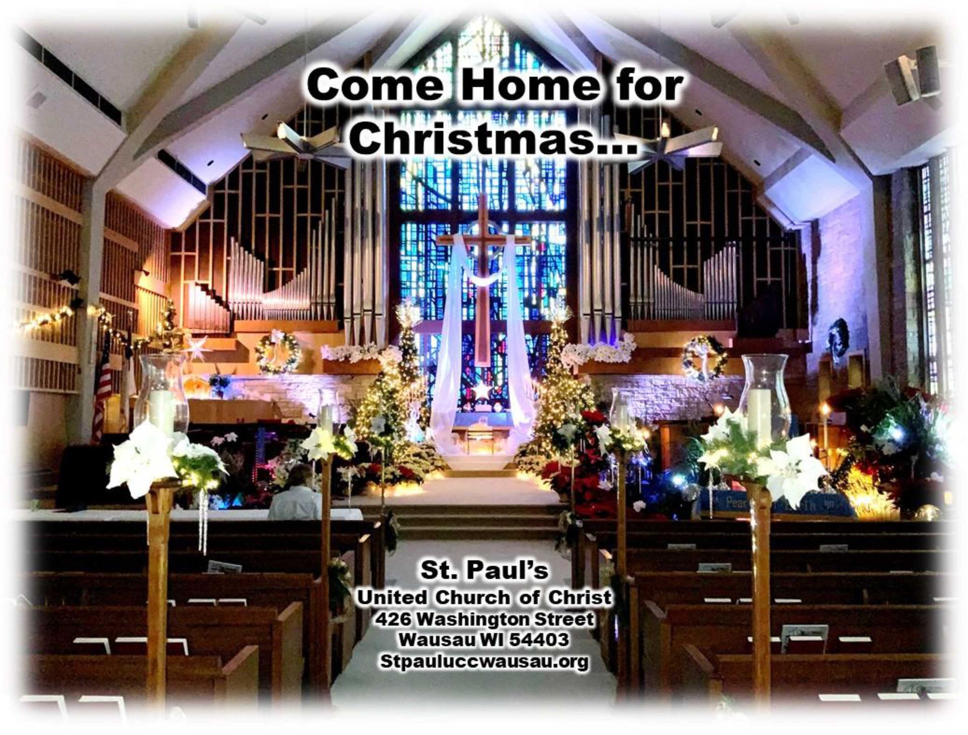 Church interior decorated for Christmas, invitation to