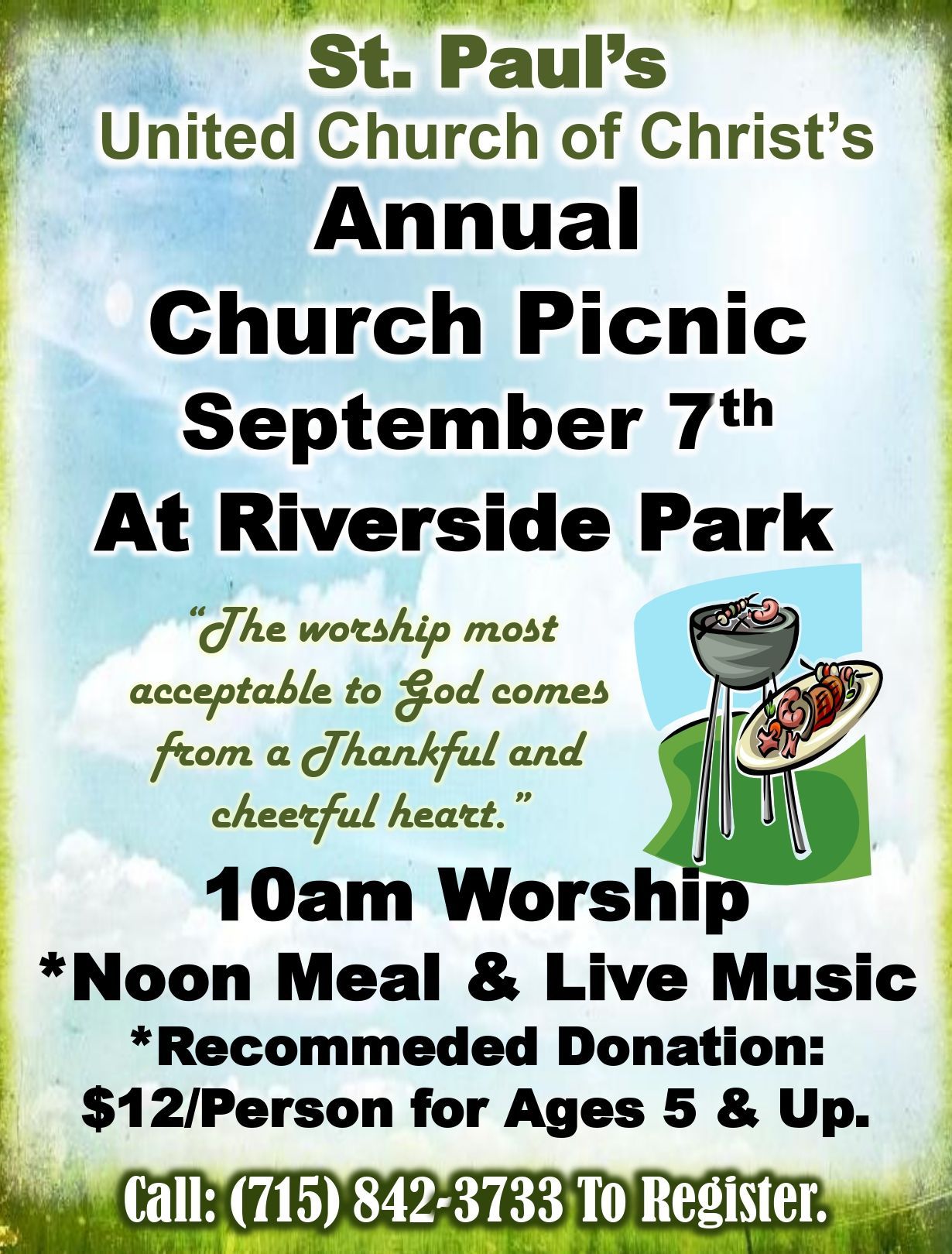 An advertisement for an annual church picnic on September 7th at Riverside Park