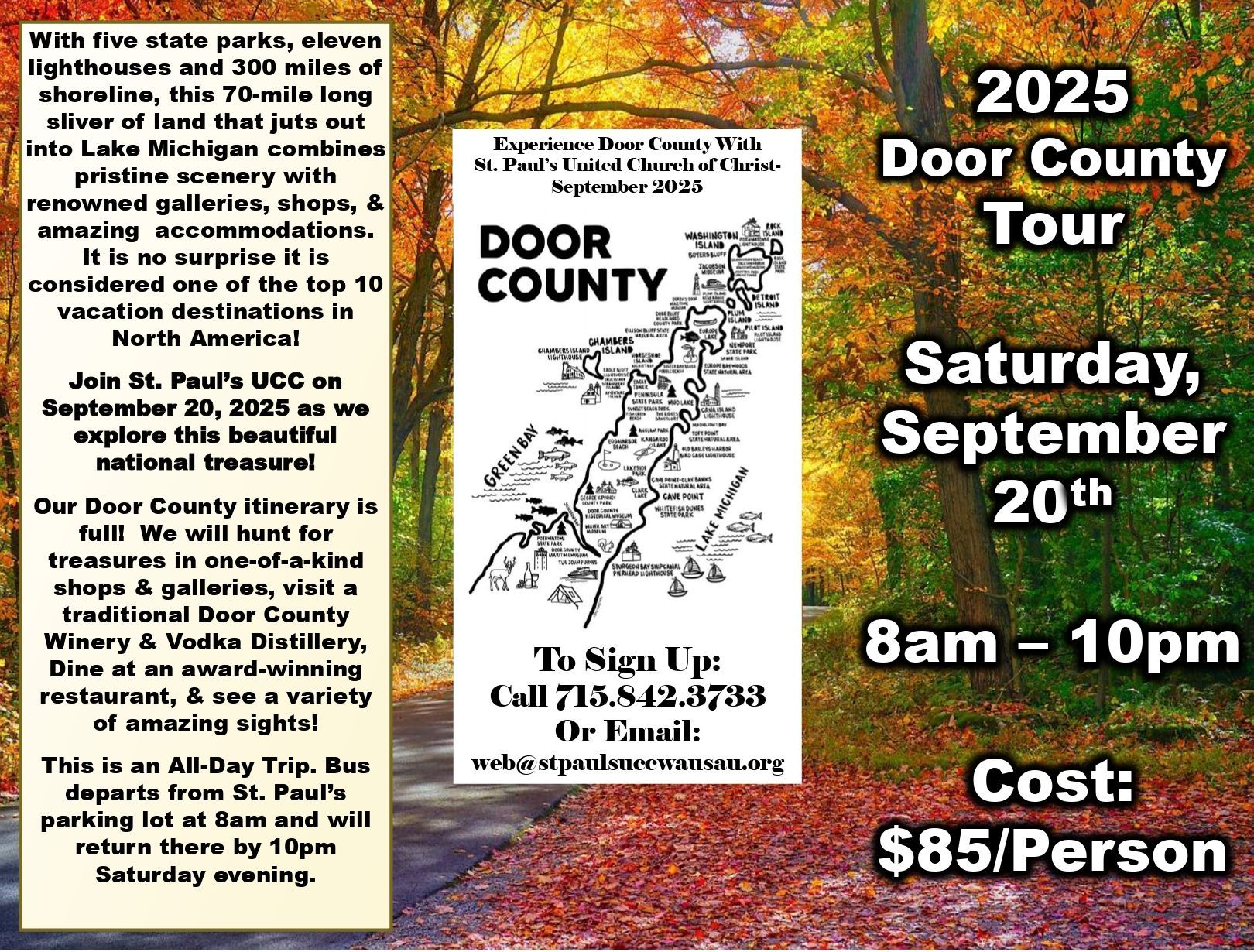 A poster for a Door County tour on Saturday, September 20th