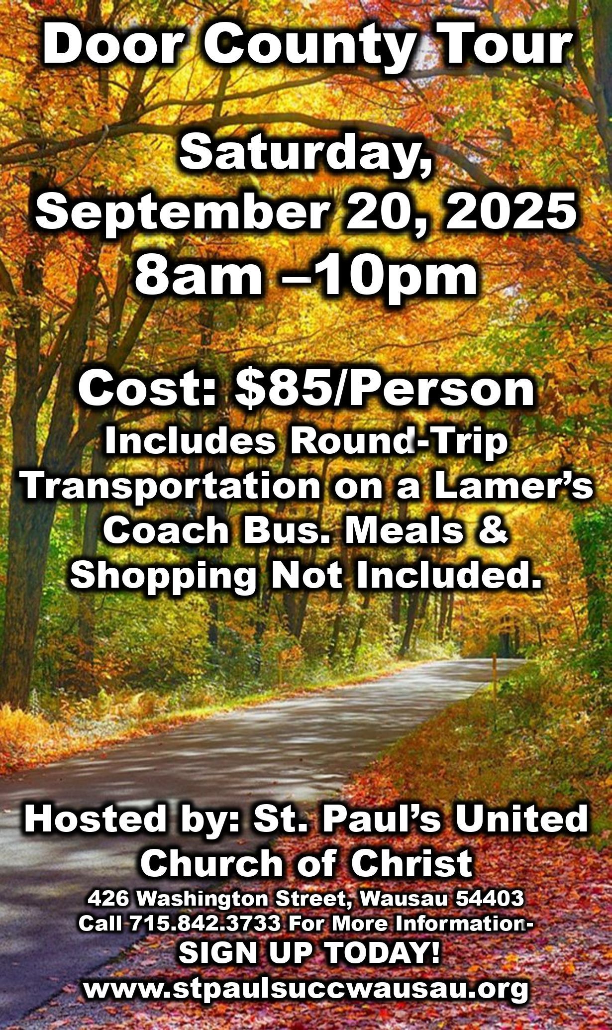 A poster for a Door County tour on Saturday, September 20, 2025