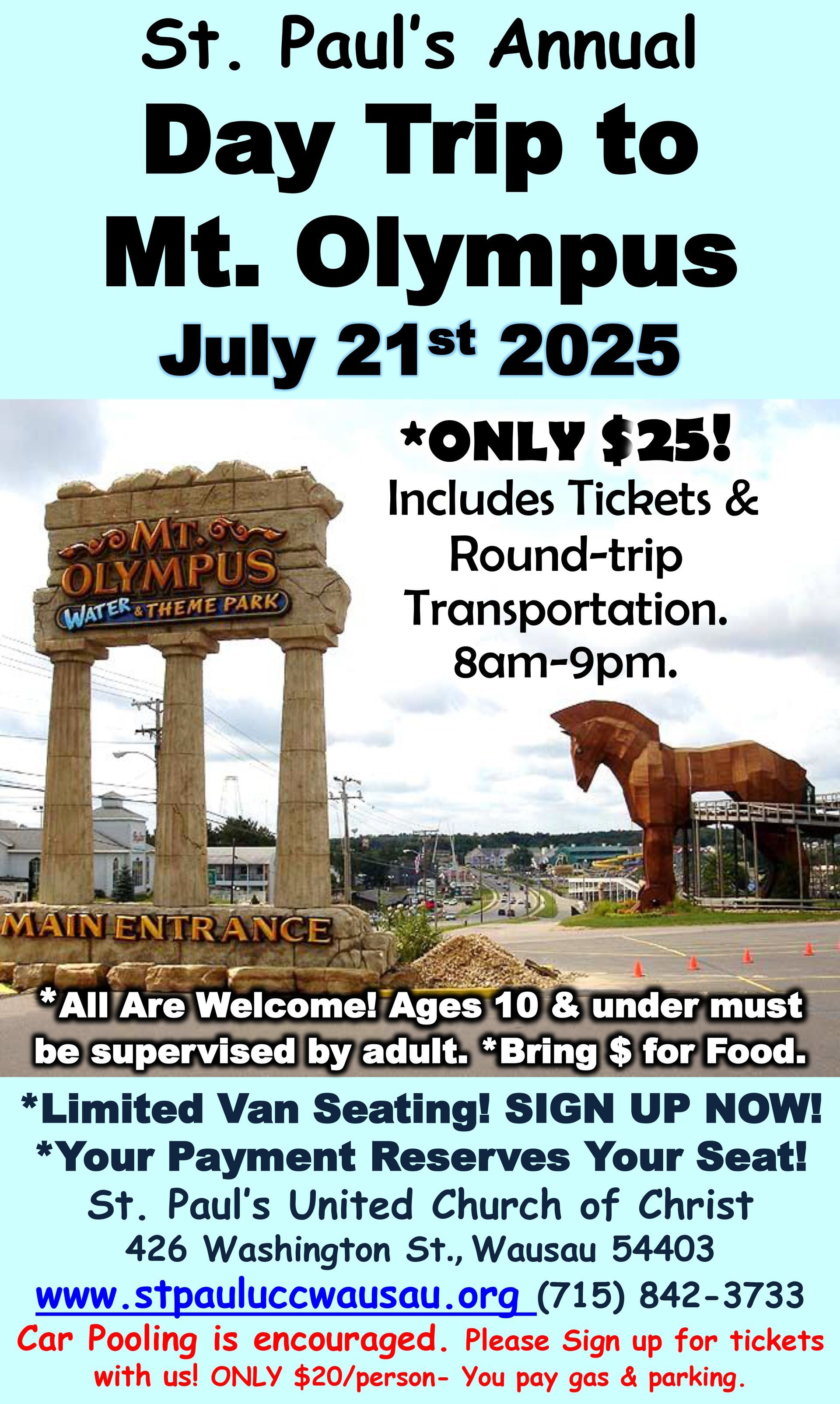 A poster for St. Paul's annual day trip to mt. Olympus
