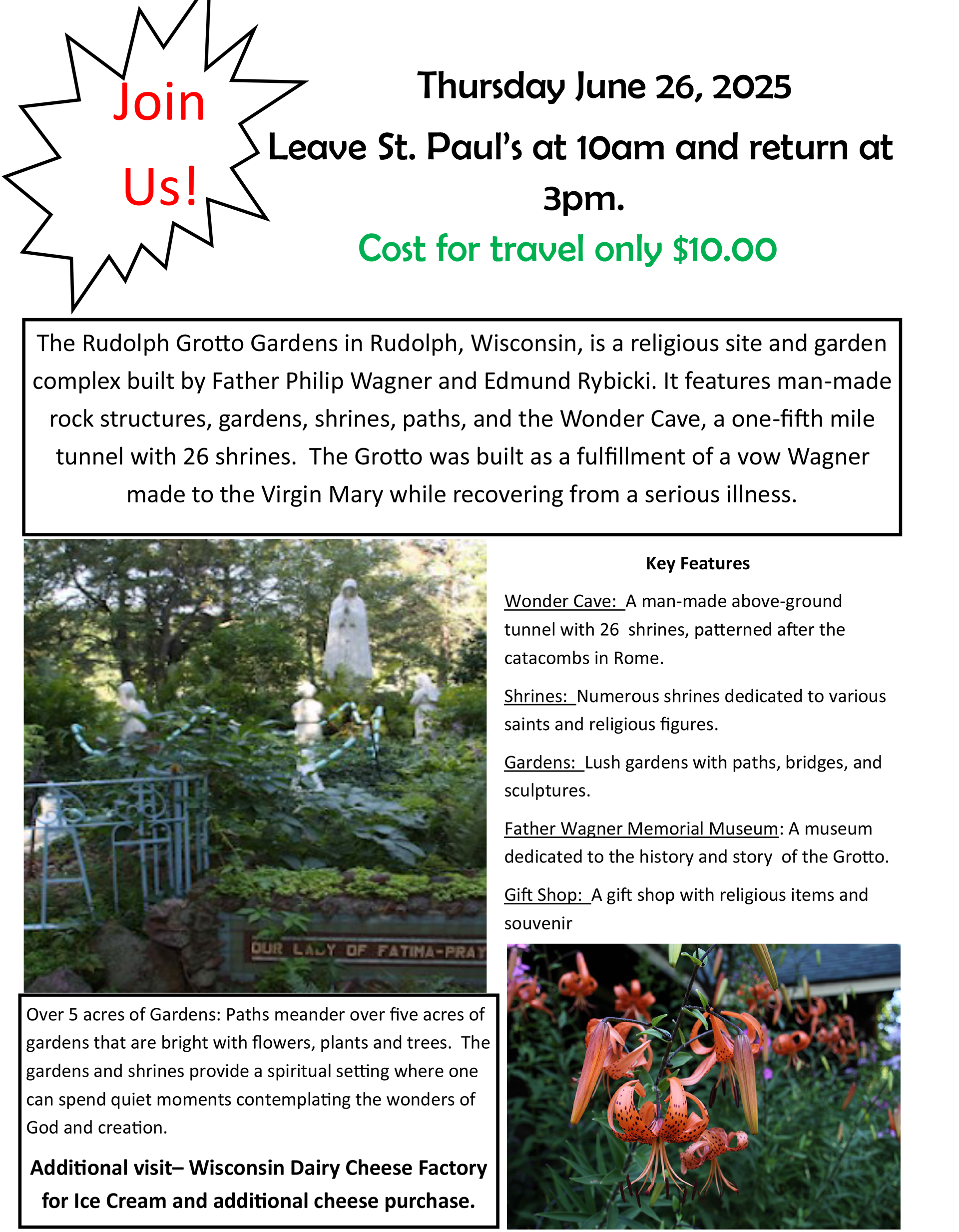 A flyer for a tour of Rudolph Grotto Gardens on June 26, 2025