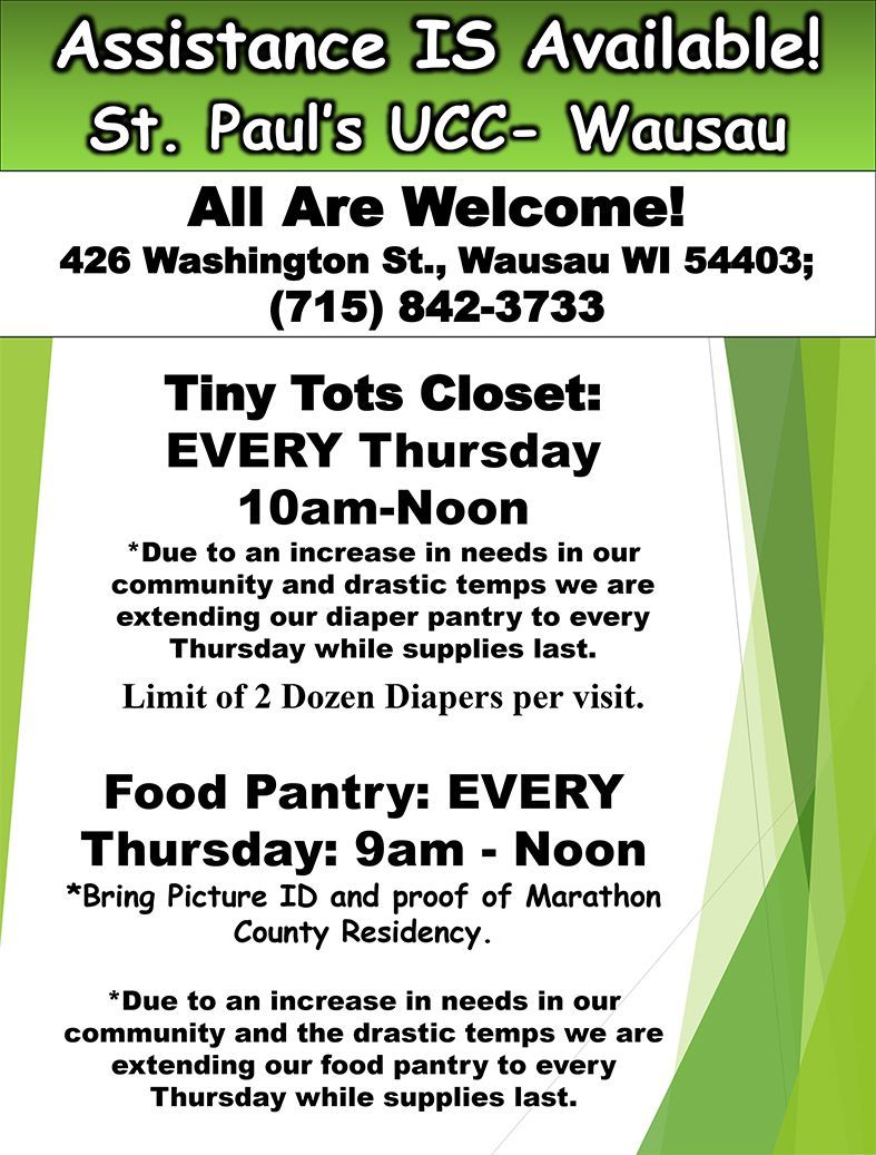 Flyer for St. Paul's UCC, Wausau, WI. Offering Tiny Tots Closet (Thursdays, 10am-noon) & Food Pantry (Thursdays, 9am-noon).