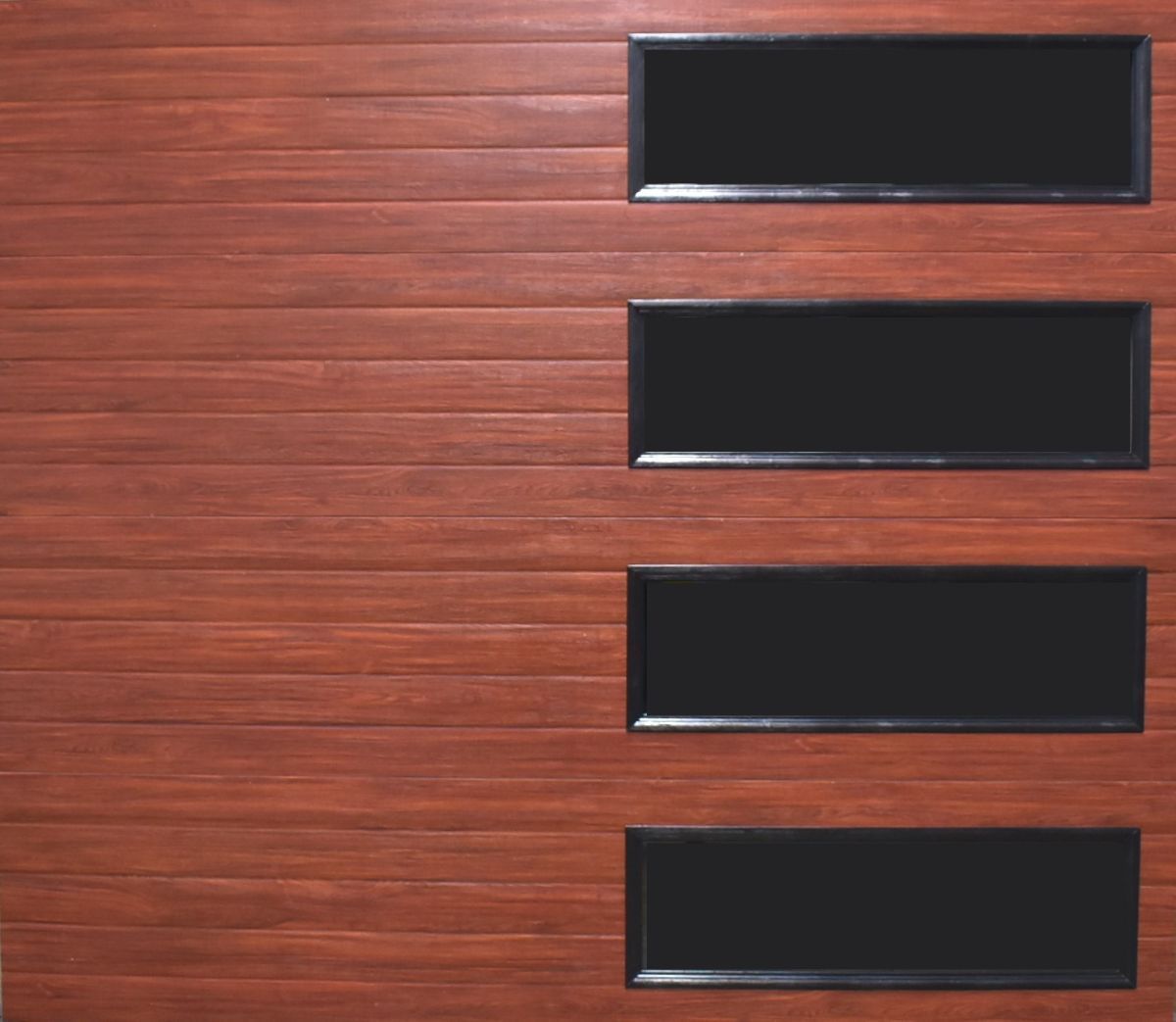 Red-brown garage door with horizontal wood grain texture and four rectangular black windows.