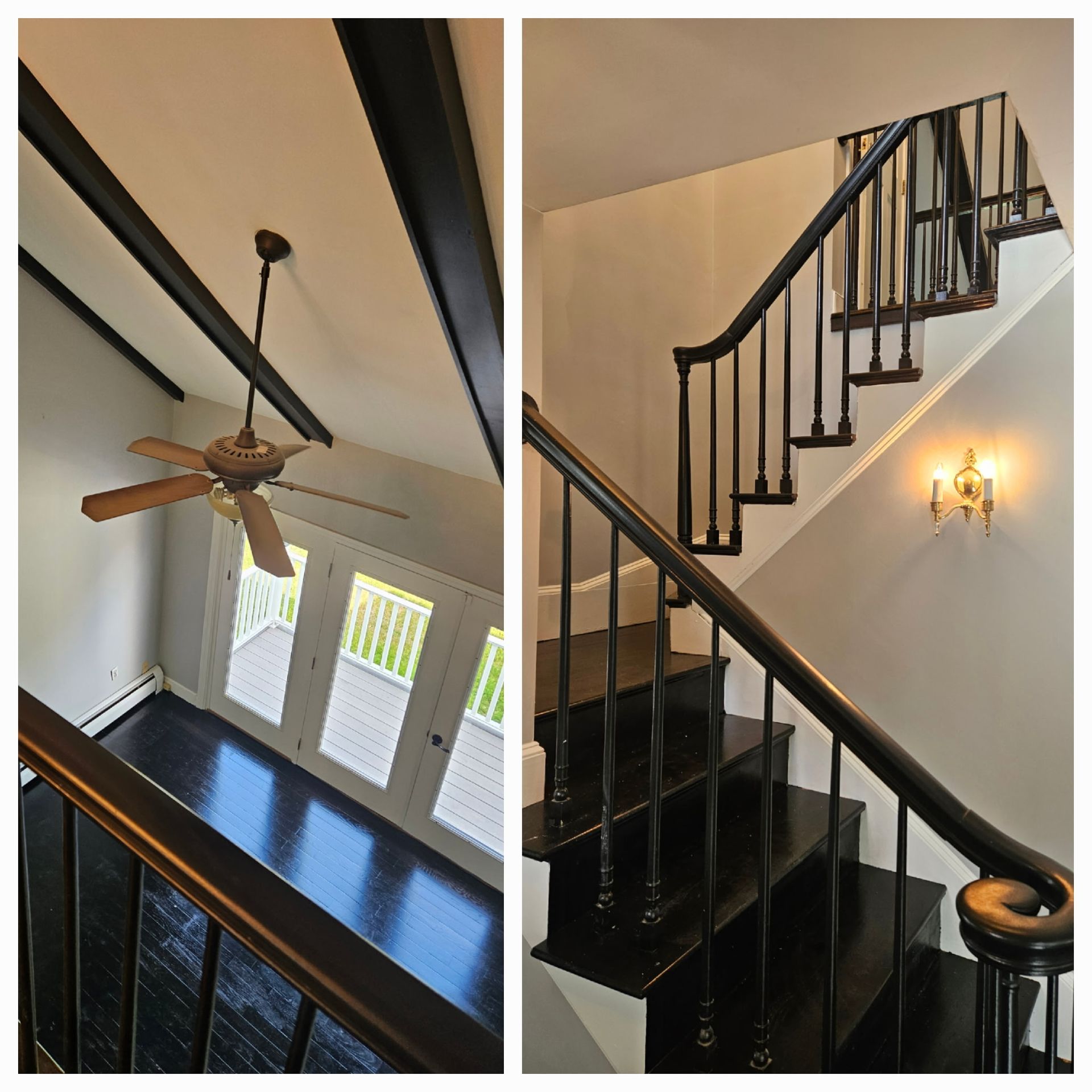 Two-panel interior view: stairs with dark railing and floor, balcony with doors, and ceiling fan.