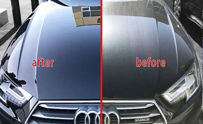 Car hood split, showing a clean, shiny