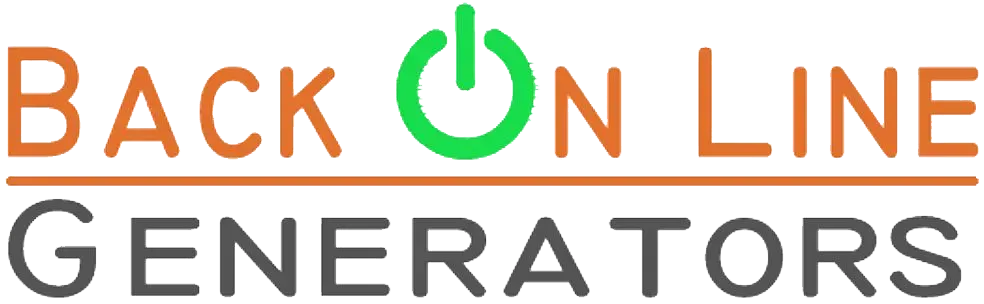 The logo for Back On Line Generators featuring orange text and a green power button symbol replacing the 'O'.