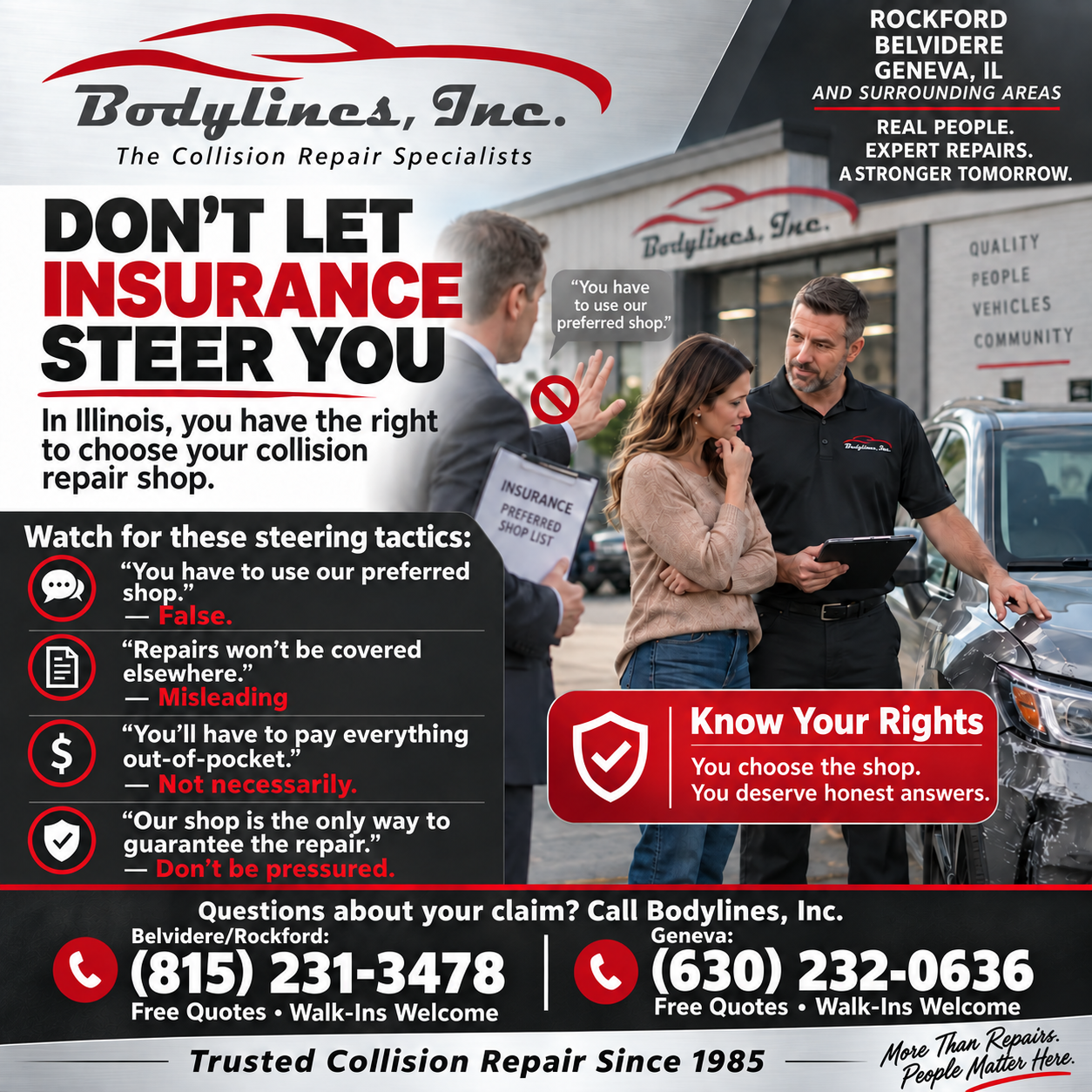 Insurance claim repair ad with people at a damaged car, red and black text, Bodylines Inc. listing rights and contact info