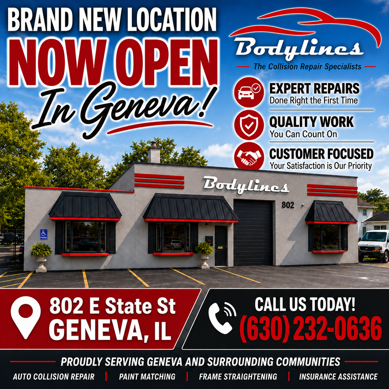 Bodyline’s auto repair shop ad: Now Open in Geneva with address, phone number, and service highlights