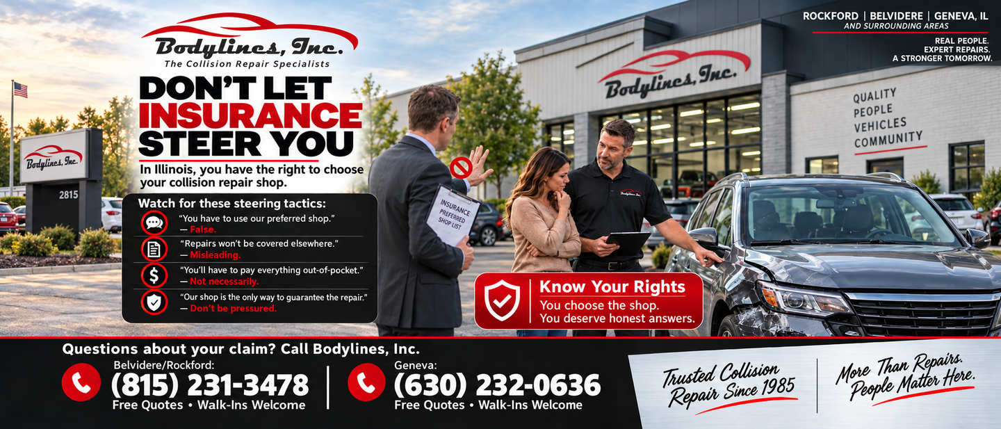 Auto insurance ad with two men beside a wrecked car in front of a body shop, urging “Don’t let insurance steer you.”