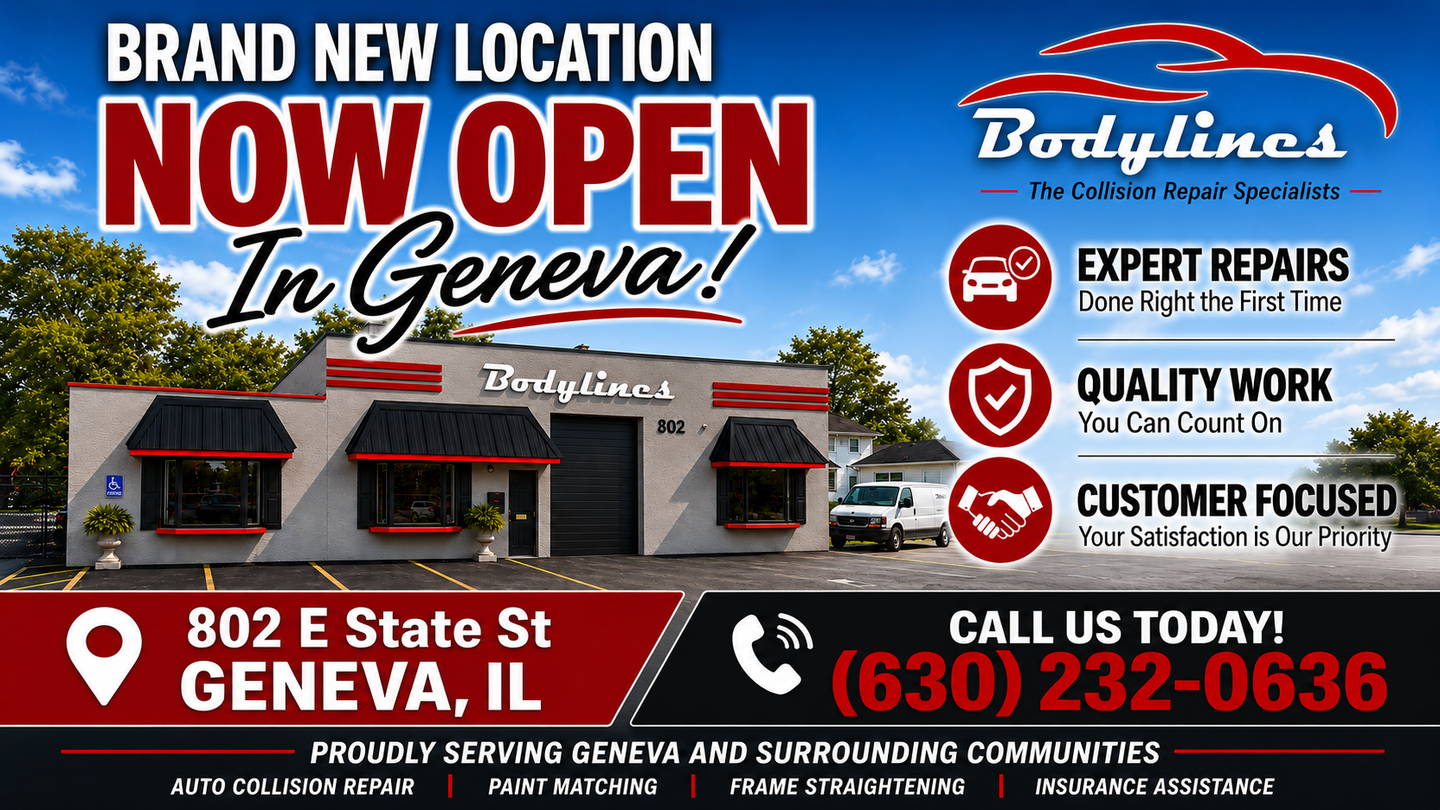 Bodylines auto repair ad: Now Open in Geneva with services