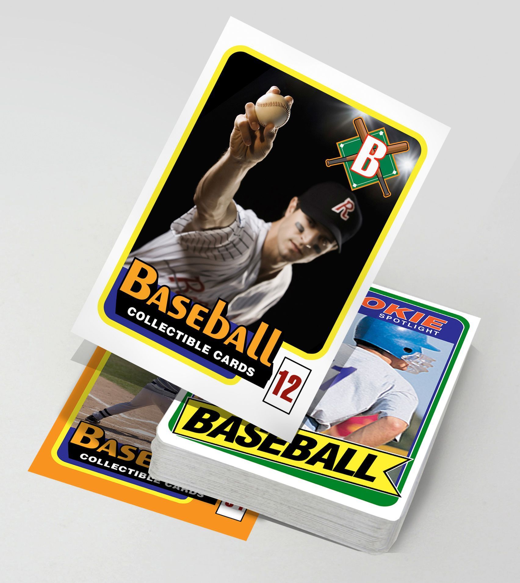 Baseball video game box art with a pitcher, baseball cards, and bold yellow title text