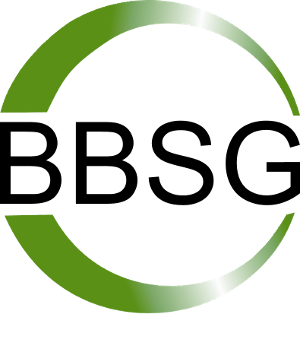 A logo for bbsg with a green circle around it