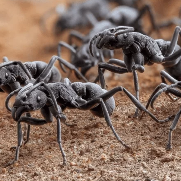 A group of black ants are crawling on the ground