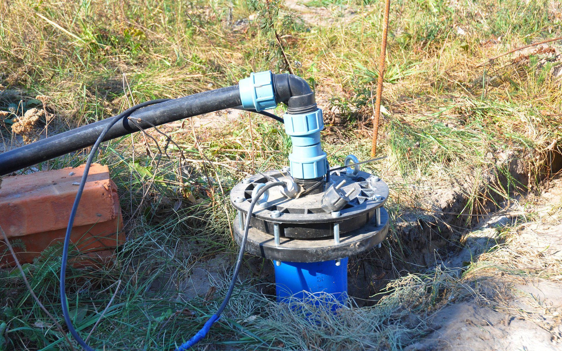 Well pump with blue piping and black hose in a grassy area.