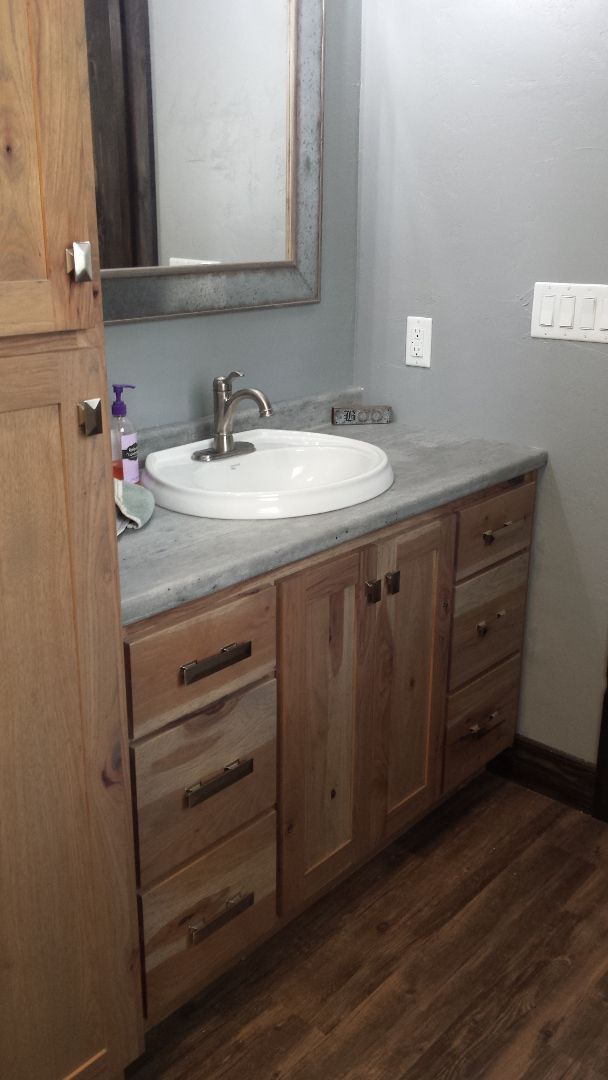 Hickory vanity and linen closet