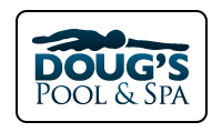 Logo: Swimmer above "Doug's Pool & Spa" in dark blue on a white background, black border.