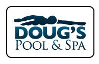 Logo for Doug's Pool & Spa with a swimmer silhouette and blue text on a white background.