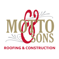 Motto & Sons logo: gold text, red stylized "&", and "Roofing & Construction" in red.