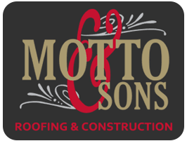 Motto & Sons logo: gold text on black background, red "M" shape, roofing & construction text.