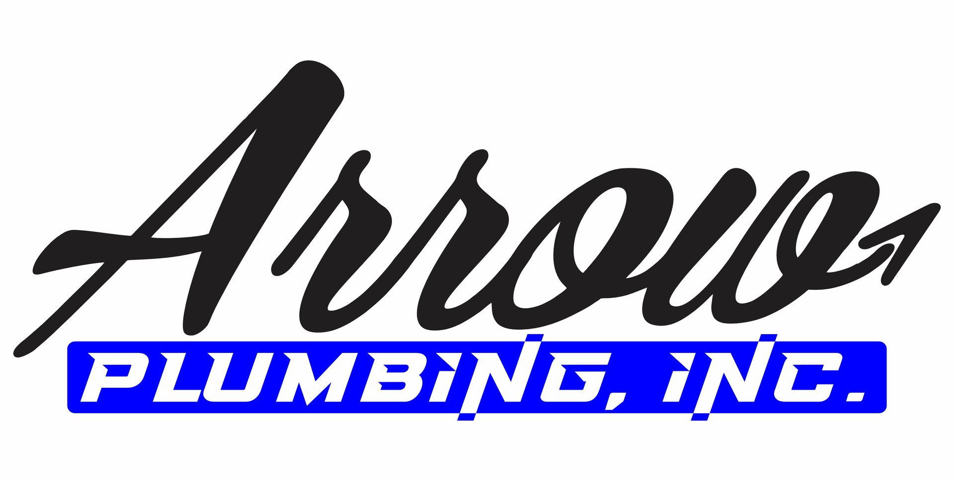 Arrow Plumbing, Inc. logo in black script with blue banner text