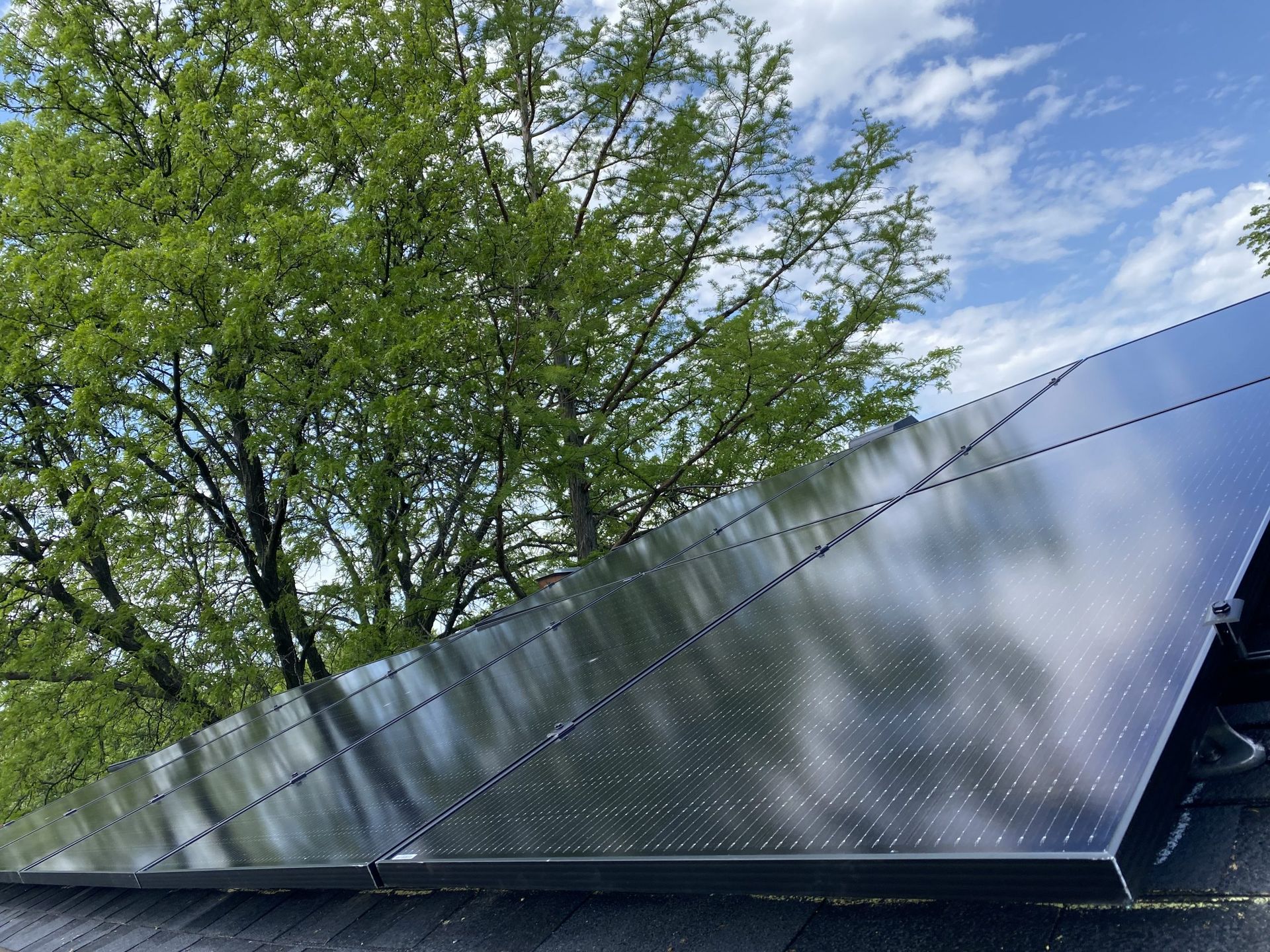 A row of solar panels on top of a roof with trees in the background.