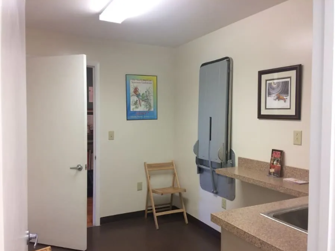 A small, plain room with a folding changing table, a sink, chair, and door; two framed pictures.